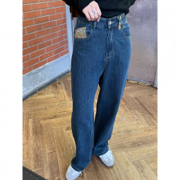 Стильные тёмные широкие джинсы с высокой посадкой для женщин