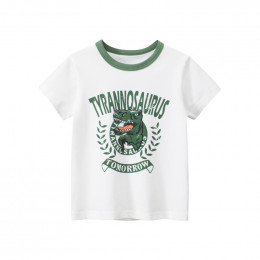 Белая детская футболка с зелёным воротником с тираннозавром